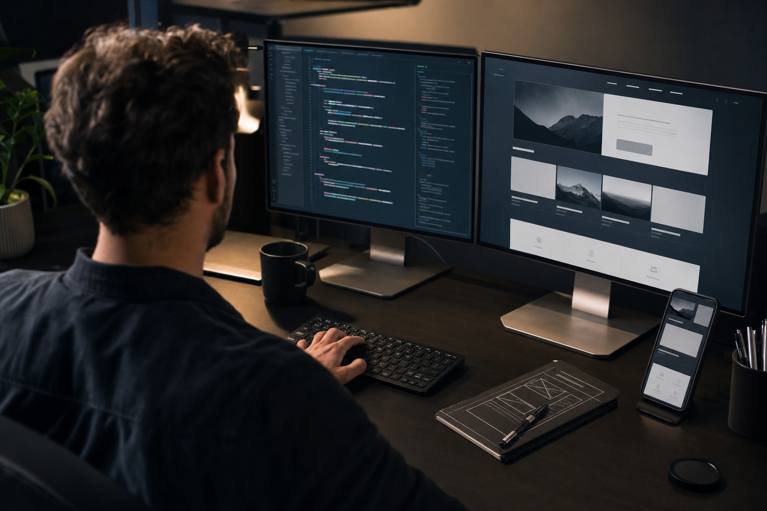 A responsive business website being developed and tested across desktop and mobile screens