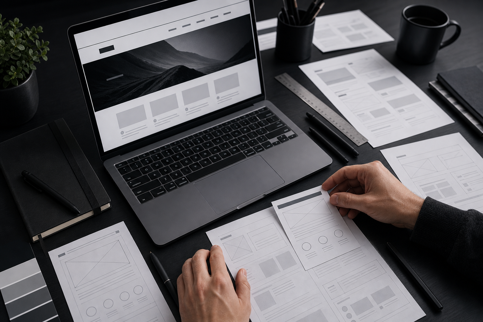 A custom website being planned with wireframes beside a laptop